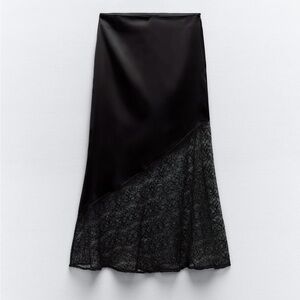 Zara Black Lace Satin Effect Midi Skirt